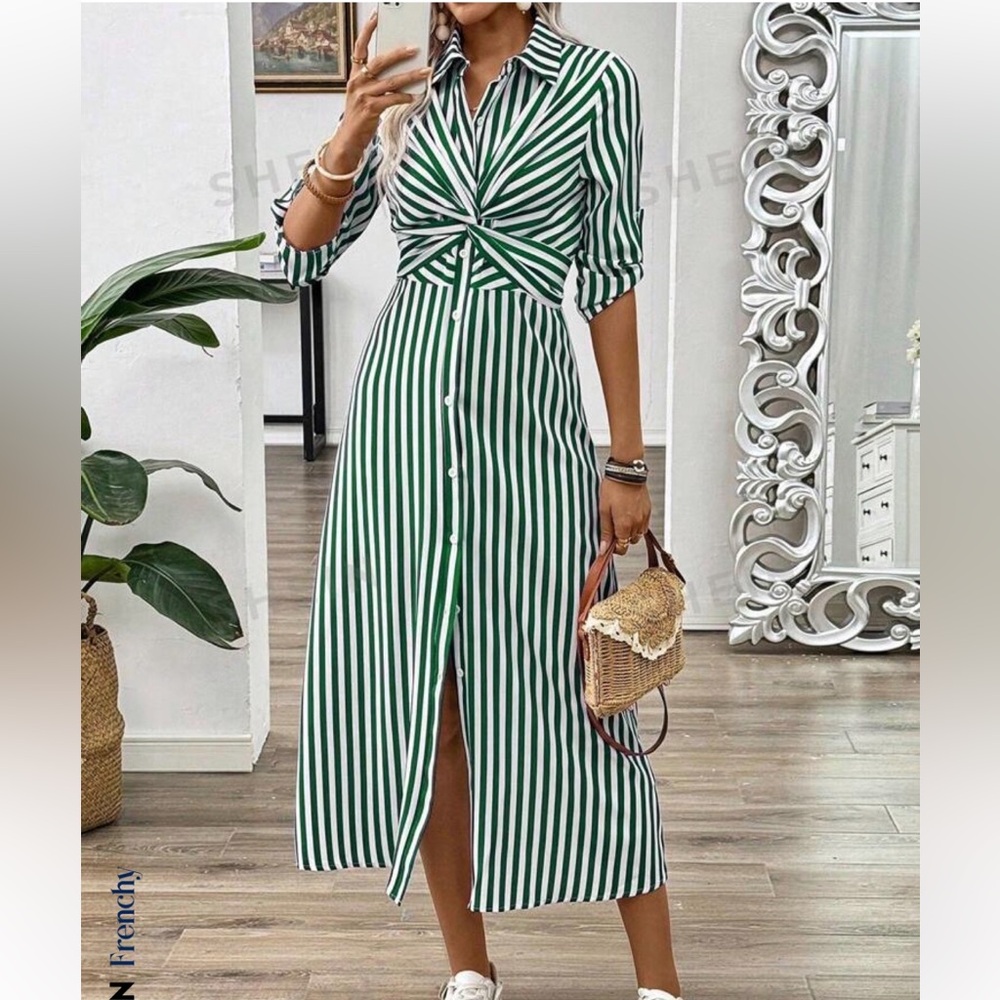 Green and white striped button down midi dress